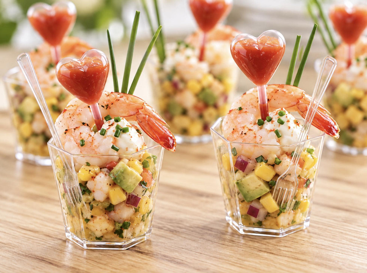Acrylic Appetizer Cups with Heart - Shaped Pipettes & Mini Forks – 20 - Piece Set for Weddings & Events - Pretty Party Boxx