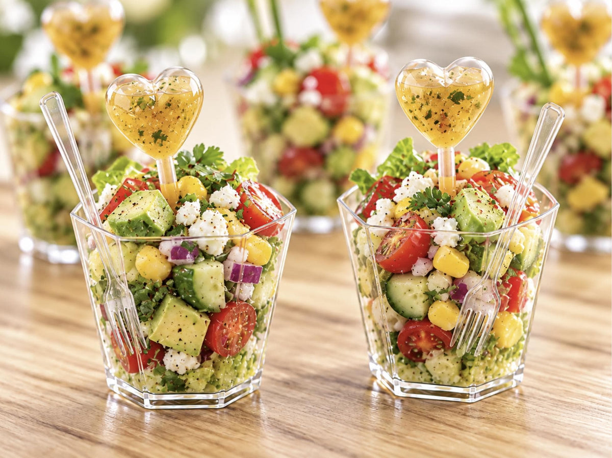 Acrylic Appetizer Cups with Heart - Shaped Pipettes & Mini Forks – 20 - Piece Set for Weddings & Events - Pretty Party Boxx