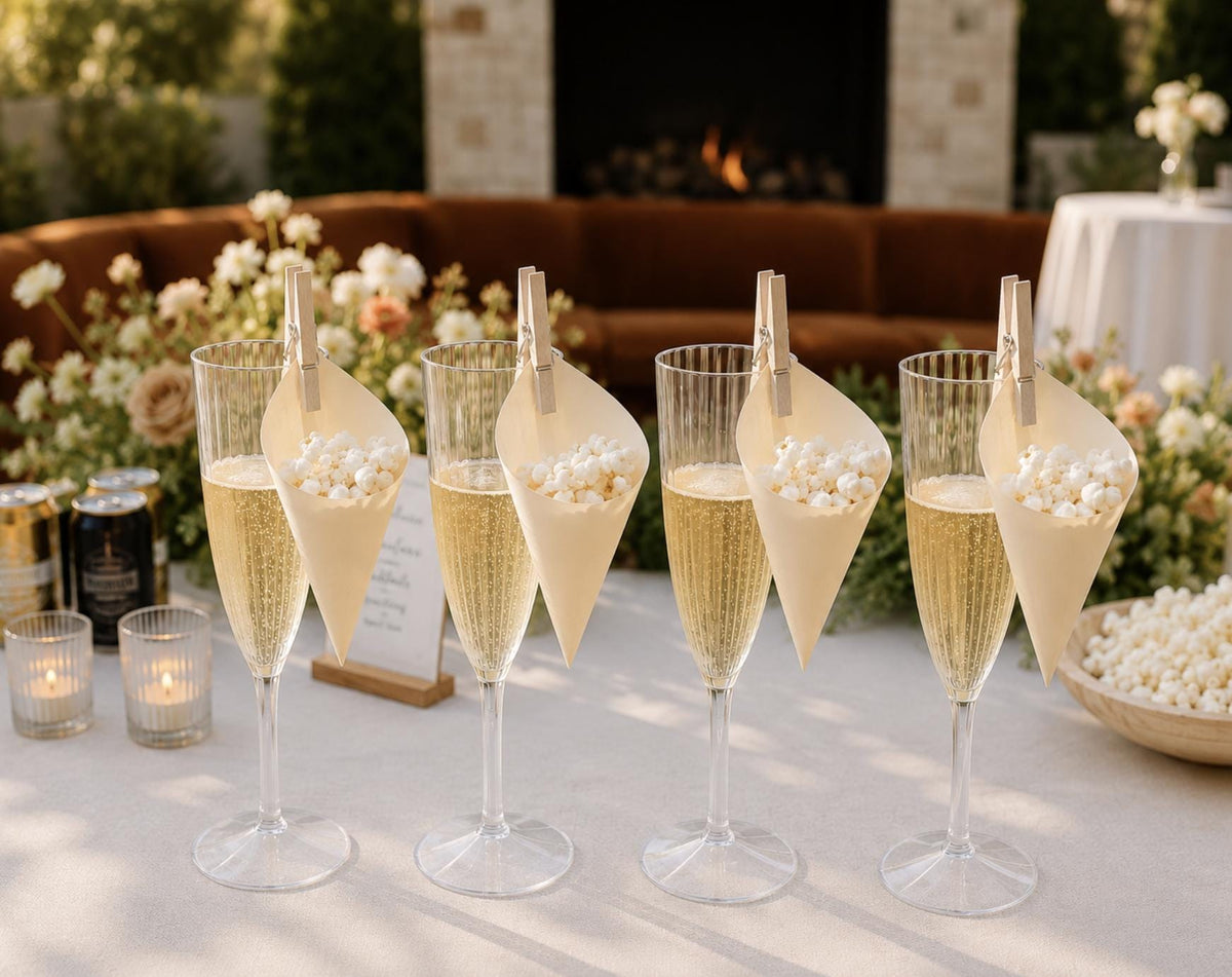 Acrylic Champagne Glasses with Paper Cones – Fry Cup & Small Bites Display for Weddings