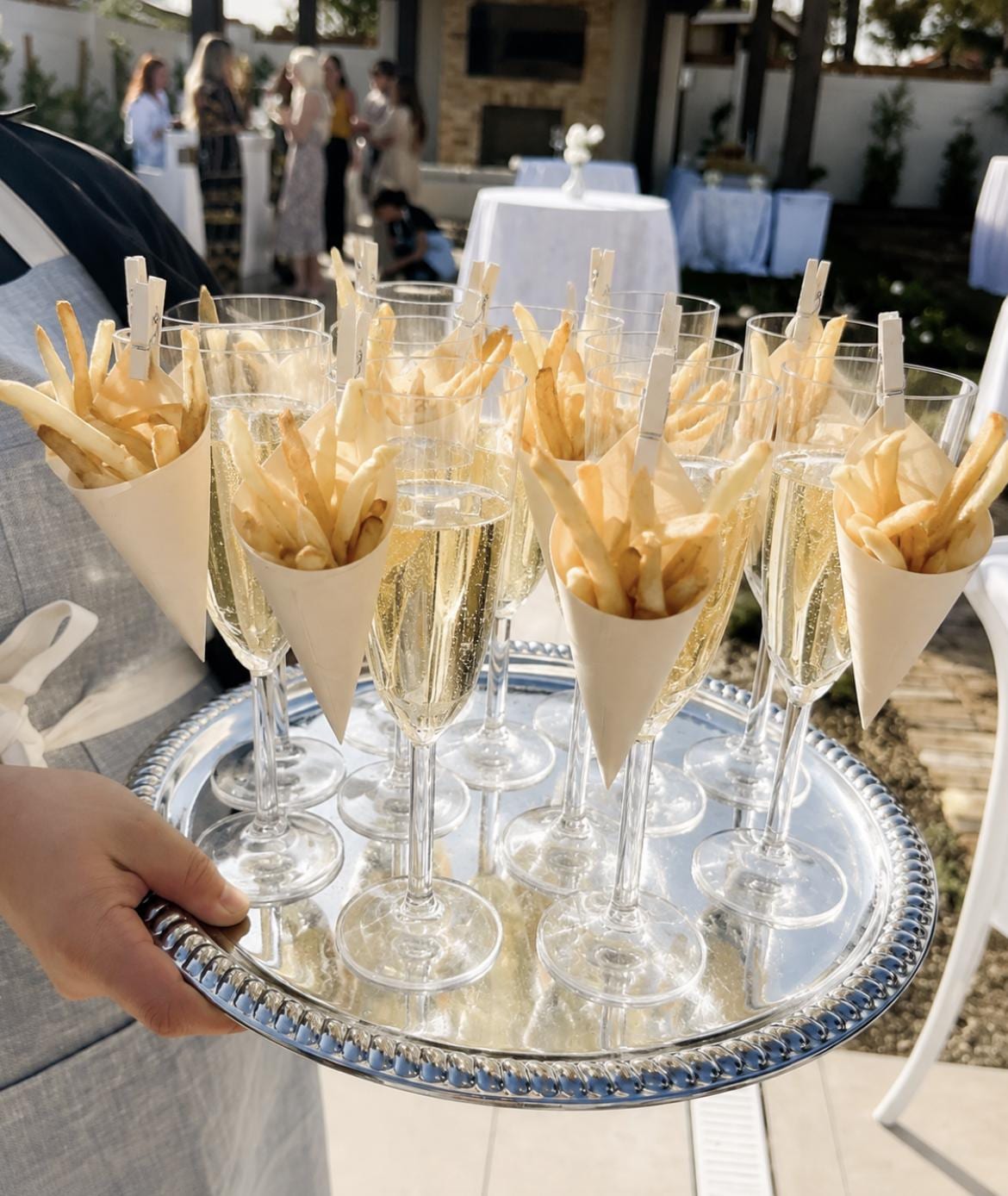 Acrylic Champagne Glasses with Paper Cones – Fry Cup & Small Bites Display for Weddings