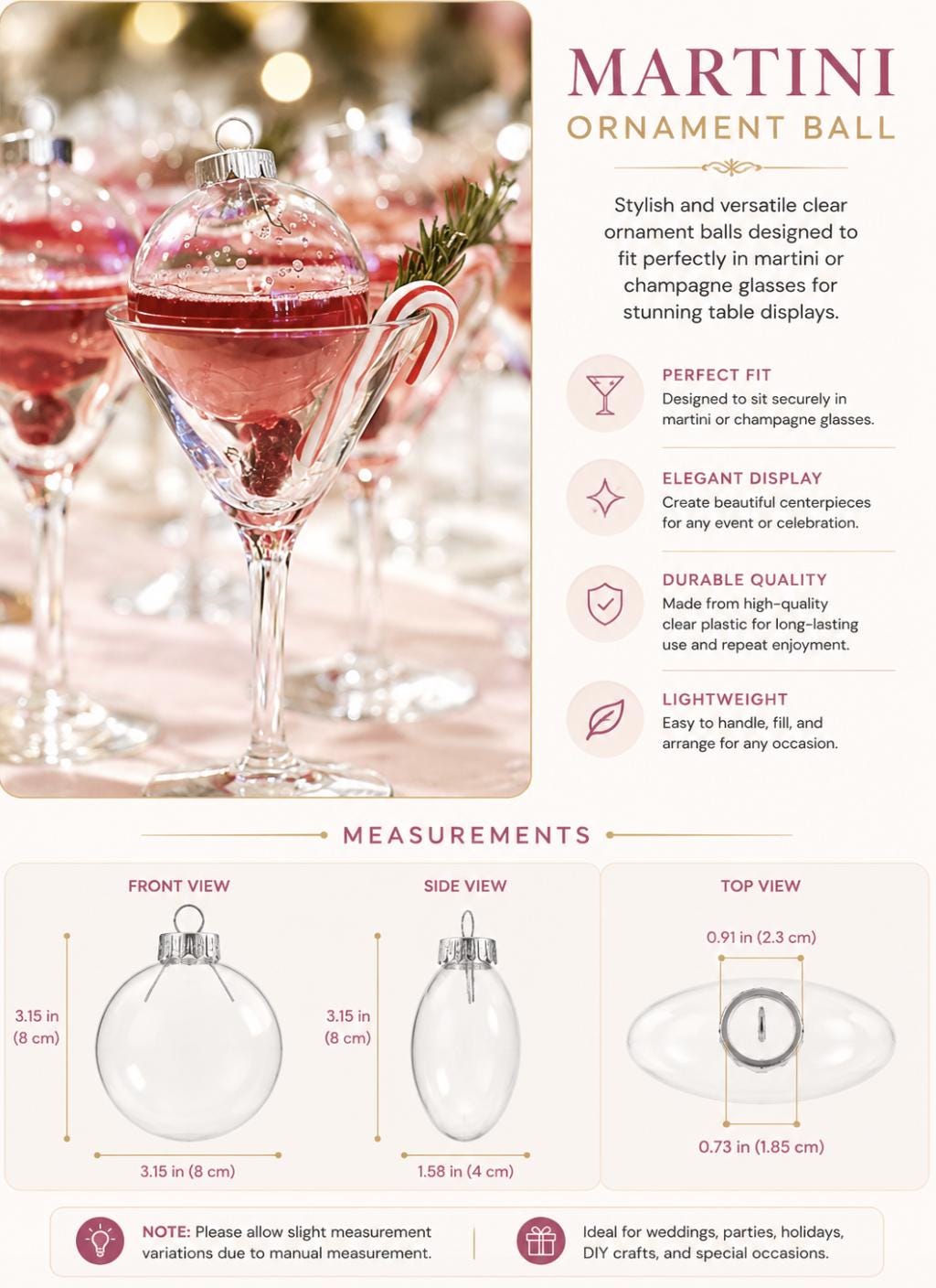 Acrylic Drink Glasses with Ornament Drink Balls – Reusable Holiday Cocktail Set for Parties & Events - Pretty Party Boxx
