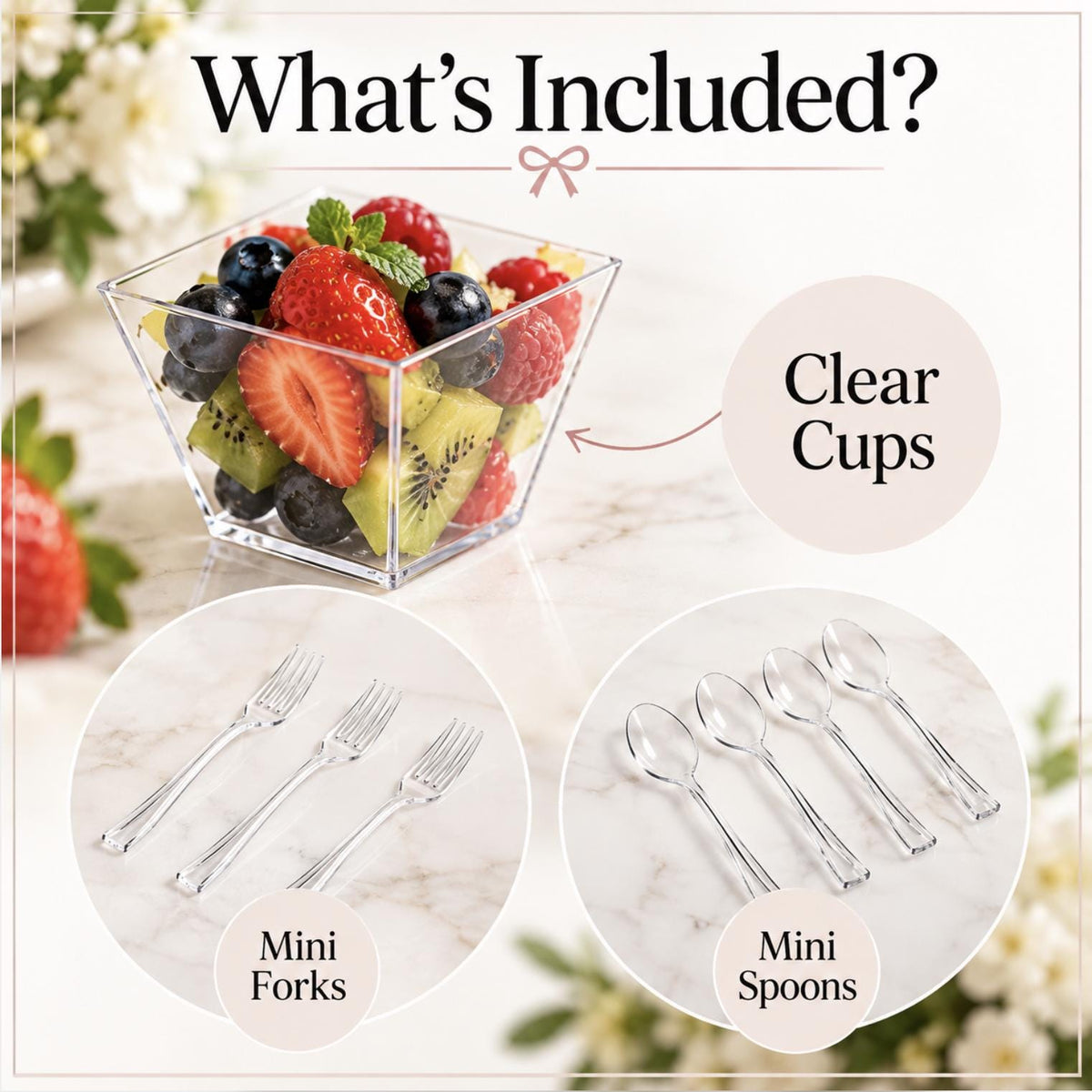 Acrylic Fruit Favor Cups with Mini Forks or Spoons – Set of 20 Clear Reusable Cups for Charcuterie, Snacks & Event Displays