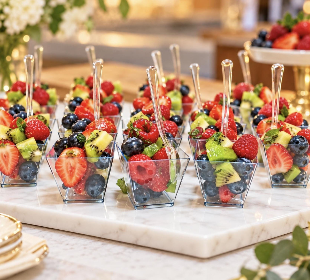 Acrylic Fruit Favor Cups with Mini Forks or Spoons – Set of 20 Clear Reusable Cups for Charcuterie, Snacks & Event Displays