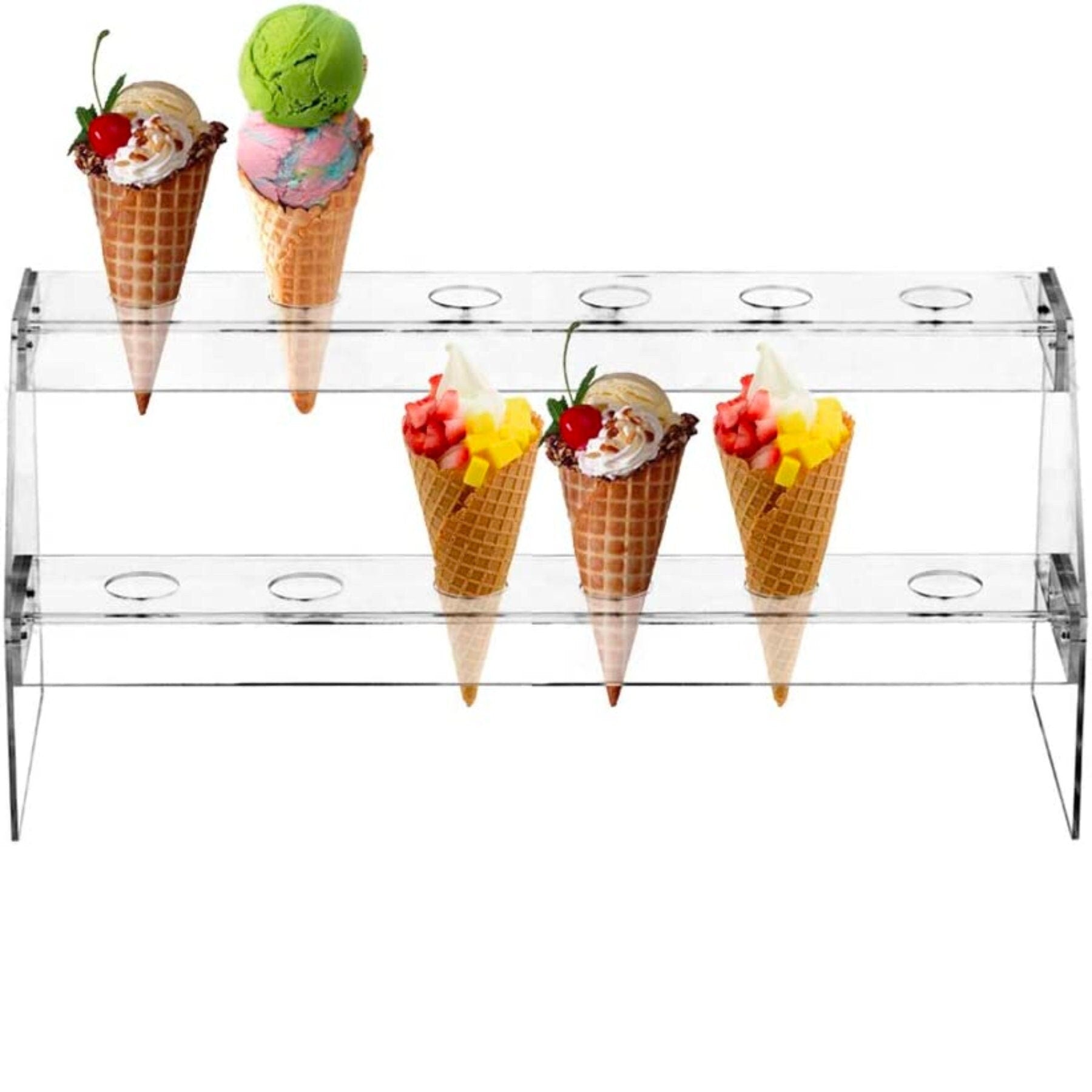 Clear acrylic ice cream cone stand with multiple tiers displaying colorful dessert cones at elegant event setting.