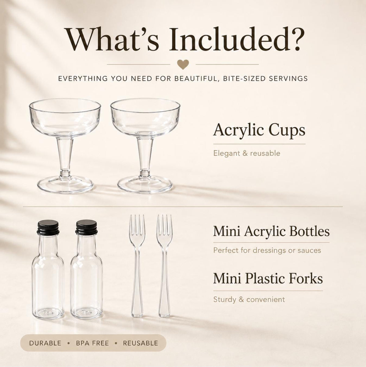 Acrylic Salad Appetizer Cups – Individual Salad Cups for Party w/Dressing Bottle & Forks - Set of 20 - Pretty Party Boxx