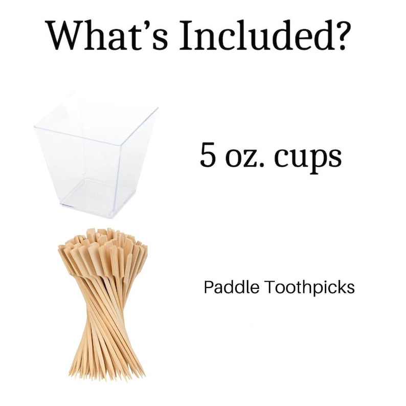 Clear 5 oz plastic soup mugs with paddle toothpicks