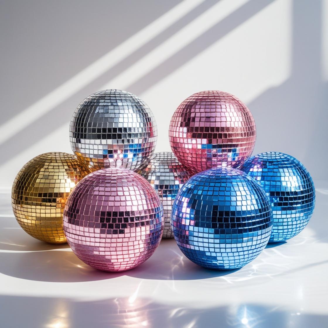 Assorted disco ball set in gold, silver, pink, and blue – retro party decorations