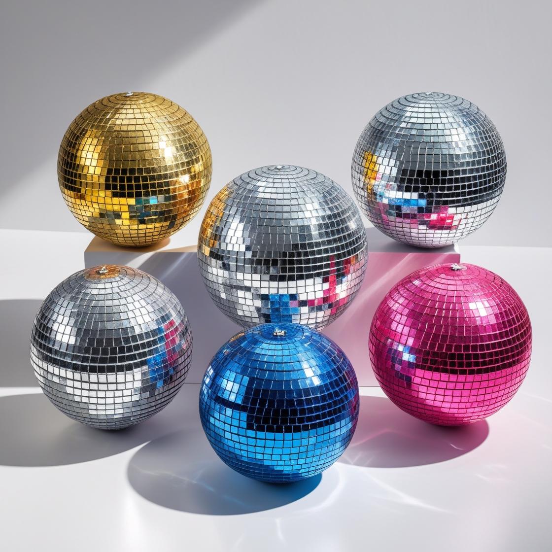 Assorted disco ball set in gold, silver, hot pink, and blue – retro party decorations