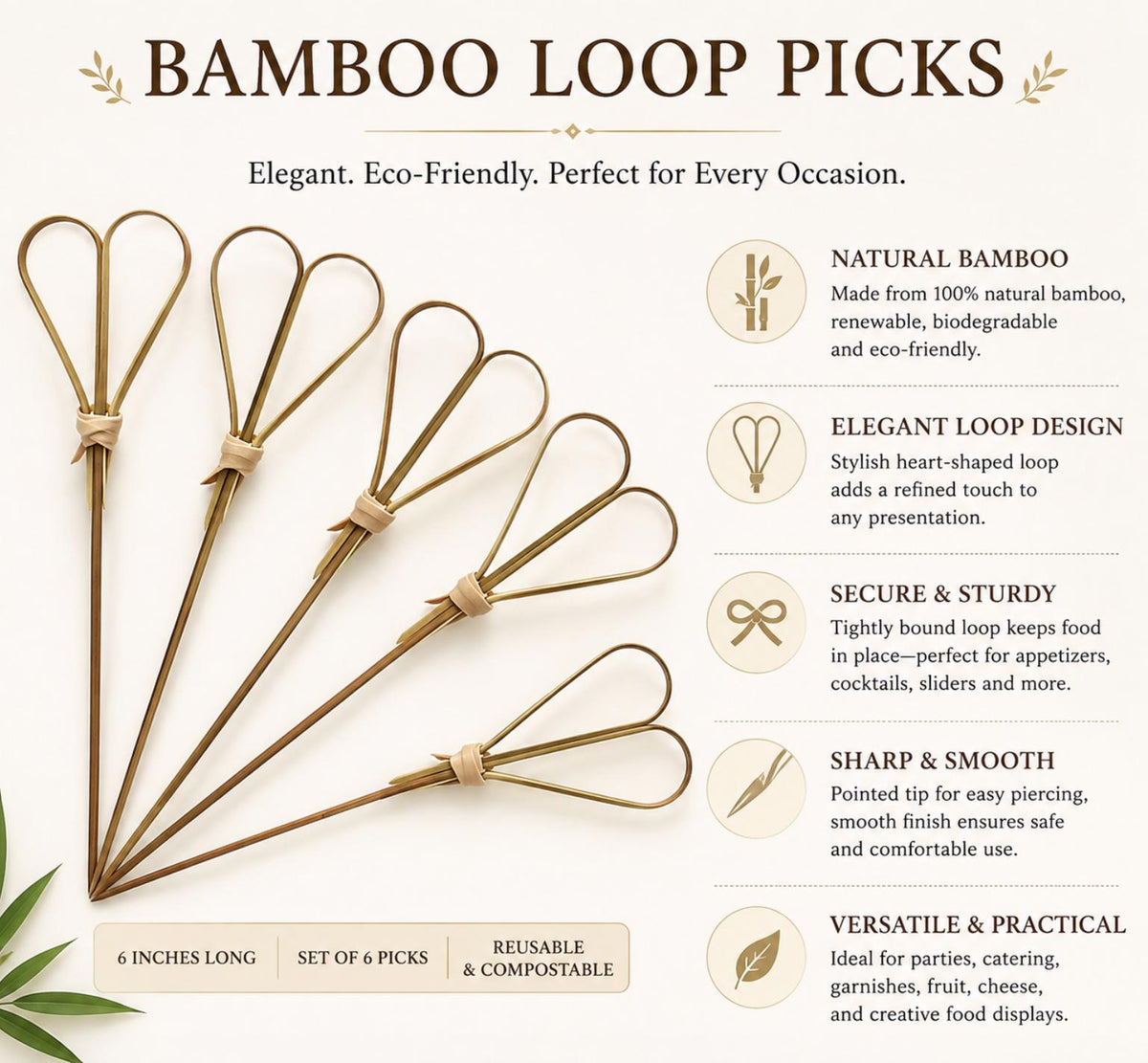 Bamboo Loop Charcuterie Picks – Knot Toothpicks for Appetizers, Cocktails & Grazing Tables