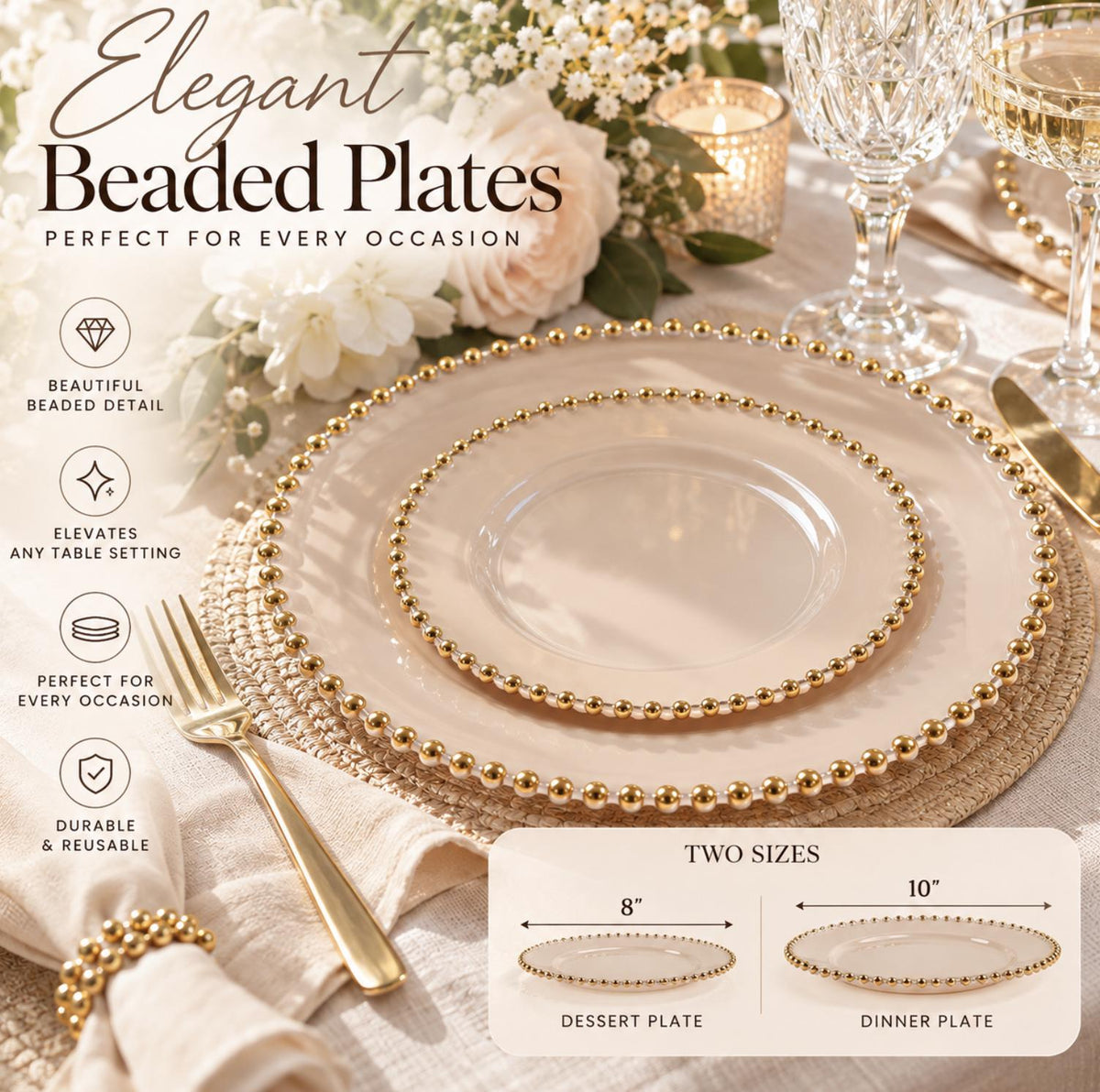 Beaded Rim Round Disposable Plates – 10 Pack | Fancy Disposable Party Plates for Weddings, Bridal Showers & Catering