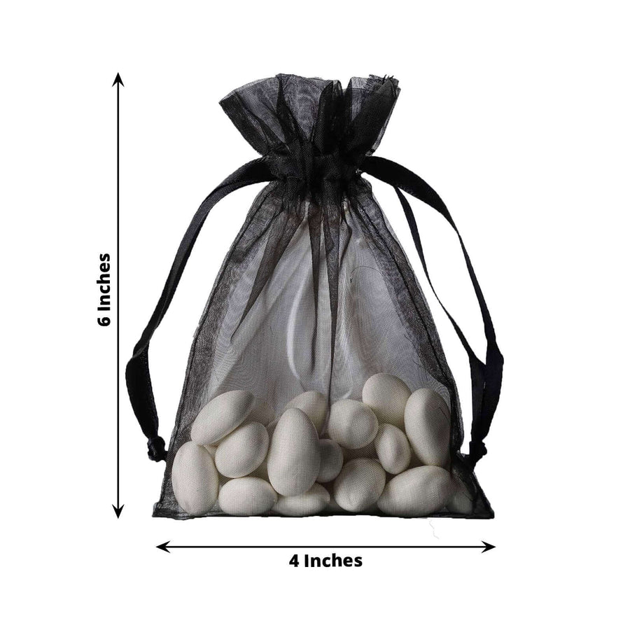 Black organza drawstring bag dimensions – 4x6 inches with satin ribbon closure for weddings, parties, and special events