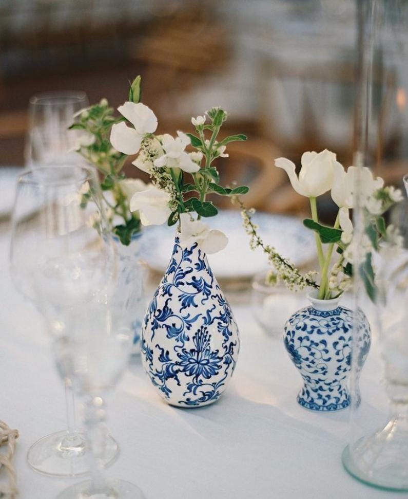Blue Chinoiserie Glass Bud Vases – Mini Floral Centerpiece Vases for Showers & Weddings
