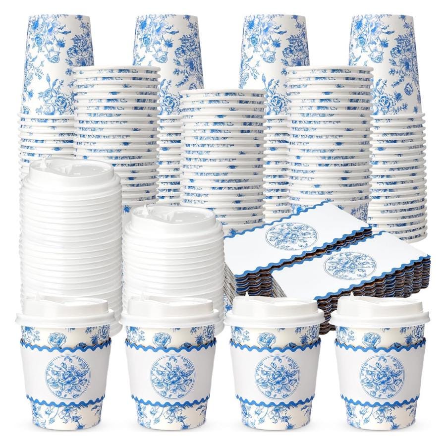 Blue Toile Coffee Cups with Lids & Sleeves – Chinoiserie Coffee Bar Cups for Showers & Brunch