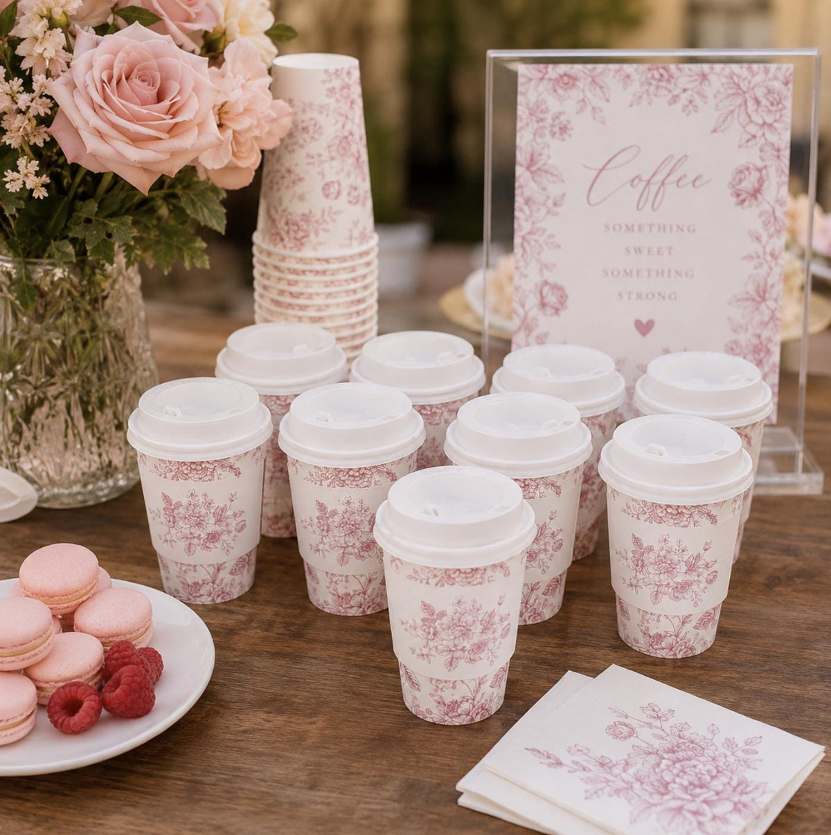 Blue Toile Coffee Cups with Lids & Sleeves – Chinoiserie Coffee Bar Cups for Showers & Brunch