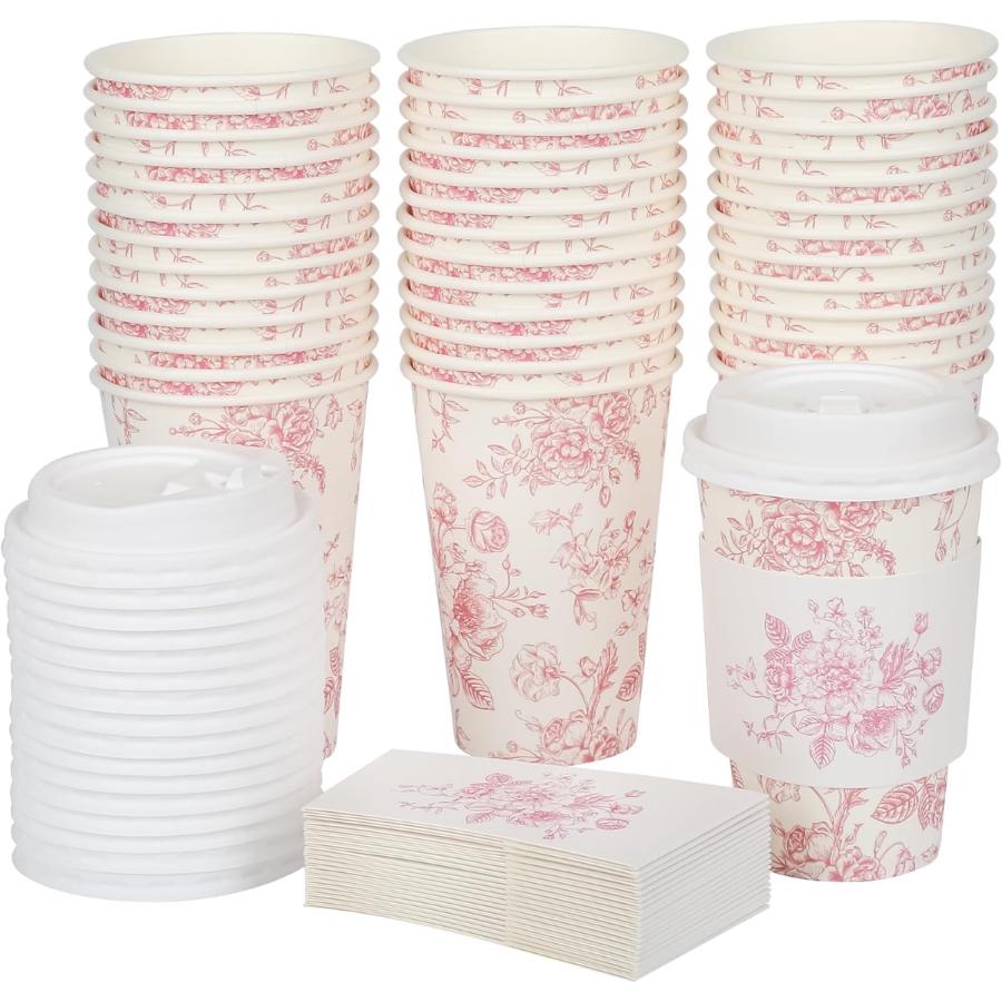 Blue Toile Coffee Cups with Lids & Sleeves – Chinoiserie Coffee Bar Cups for Showers & Brunch
