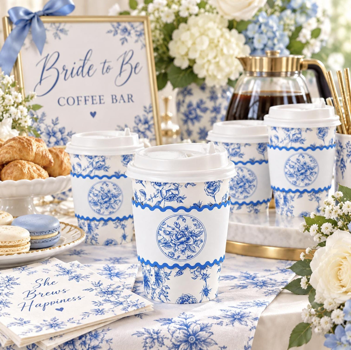 Blue Toile Disposable Coffee Cups with Lids & Sleeves – Floral Coffee Bar Cups for Showers & Weddings