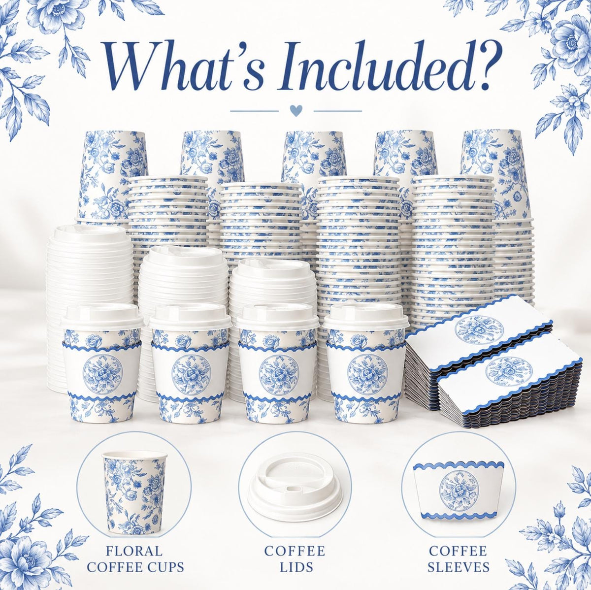 Blue Toile Disposable Coffee Cups with Lids & Sleeves – Floral Coffee Bar Cups for Showers & Weddings