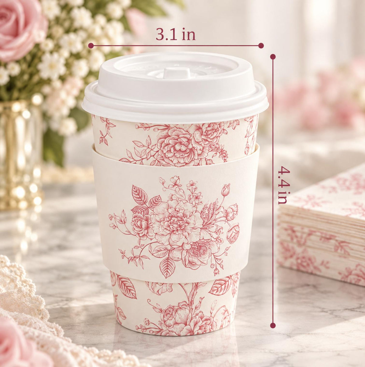 Blue Toile Disposable Coffee Cups with Lids & Sleeves – Floral Coffee Bar Cups for Showers & Weddings