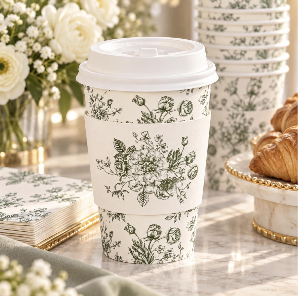 Blue Toile Disposable Coffee Cups with Lids & Sleeves – Floral Coffee Bar Cups for Showers & Weddings