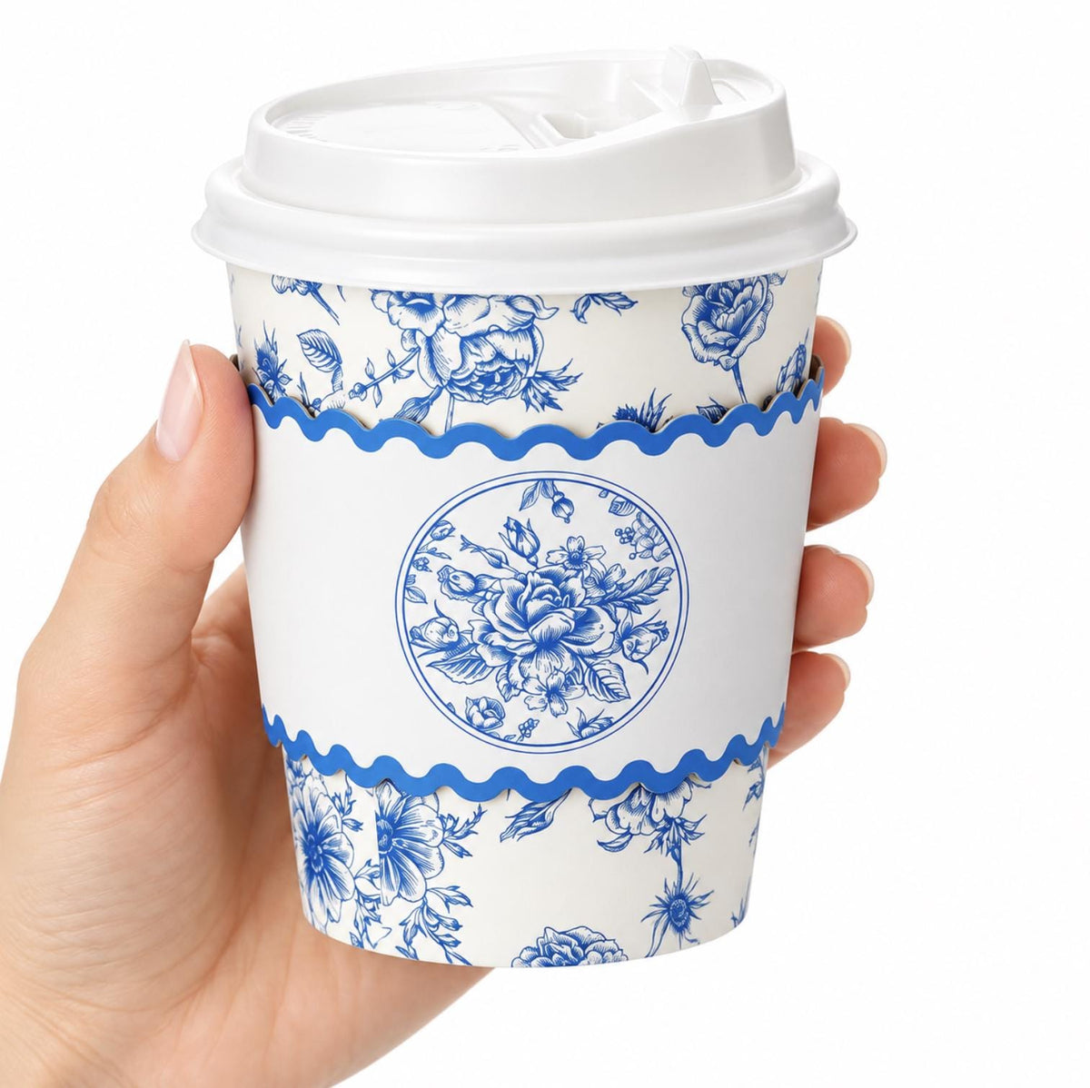 Blue Toile Disposable Coffee Cups with Lids & Sleeves – Floral Coffee Bar Cups for Showers & Weddings