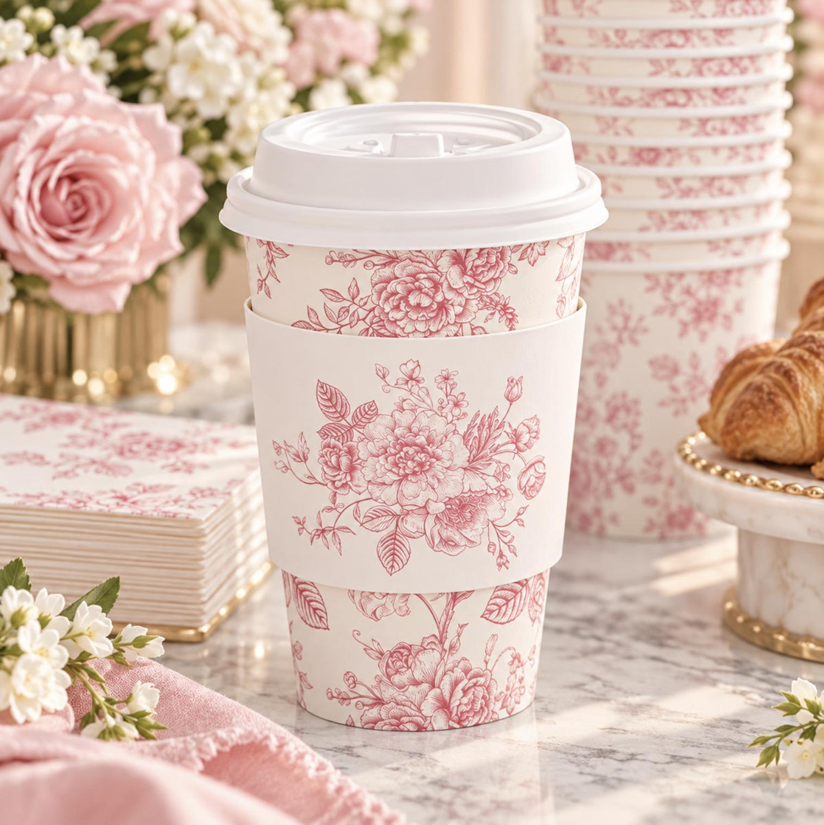 Blue Toile Disposable Coffee Cups with Lids & Sleeves – Floral Coffee Bar Cups for Showers & Weddings
