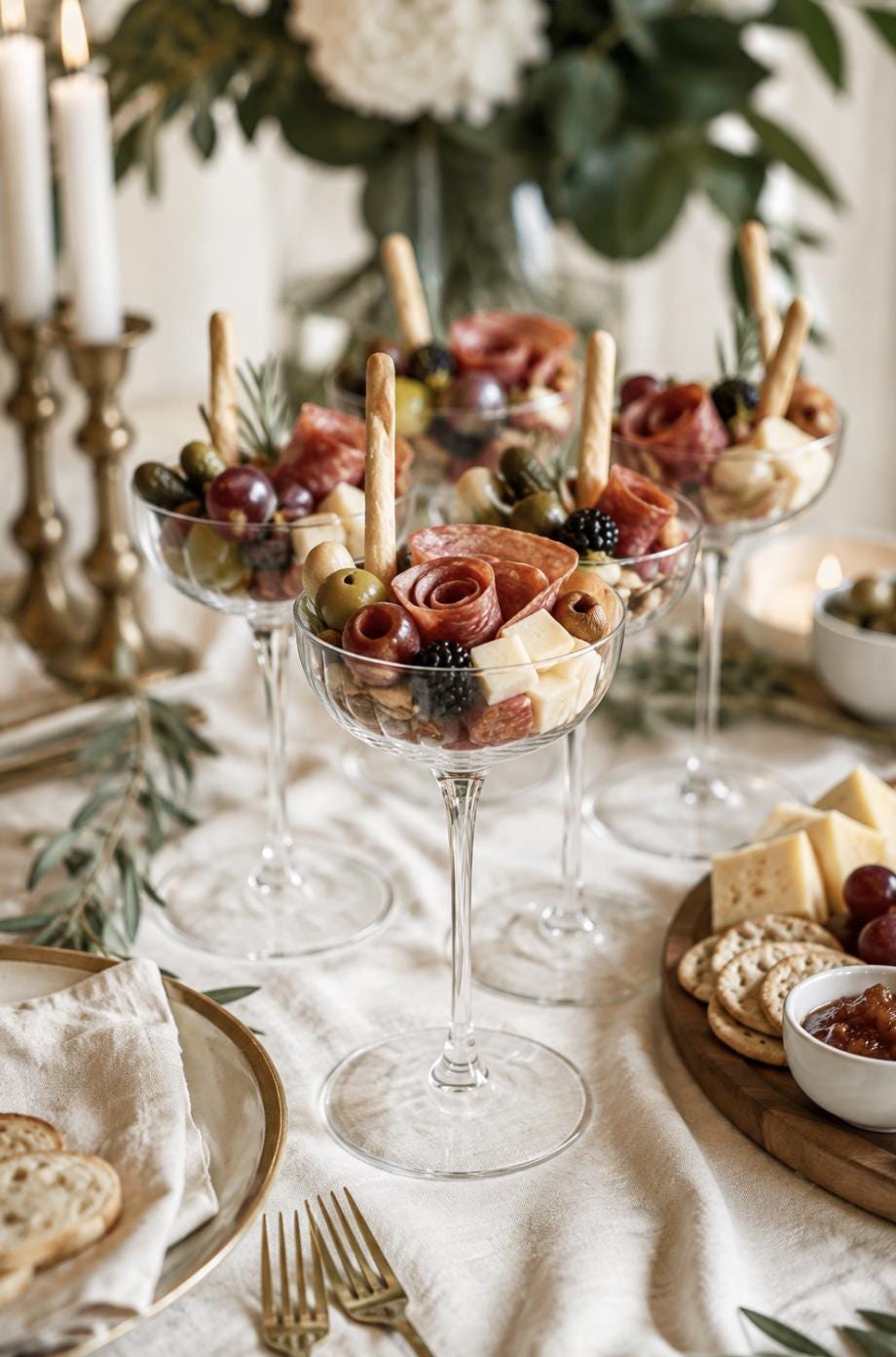Charcuterie Coupe Glasses with Gold Pearl Toothpicks – Elegant Individual Appetizer Cups