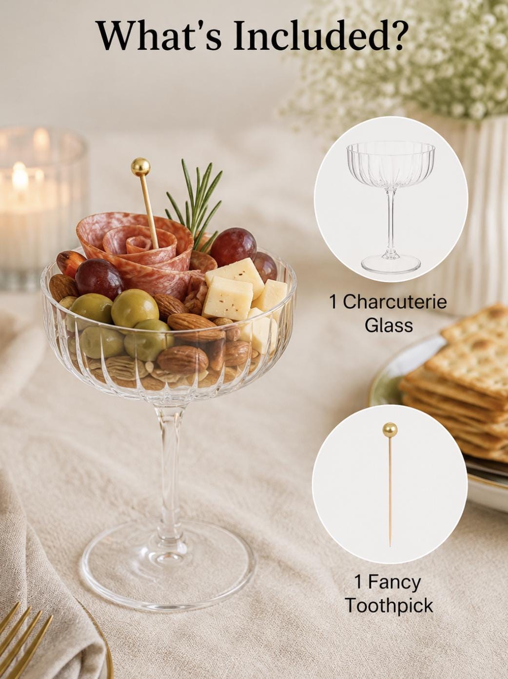 Charcuterie Coupe Glasses with Gold Pearl Toothpicks – Elegant Individual Appetizer Cups