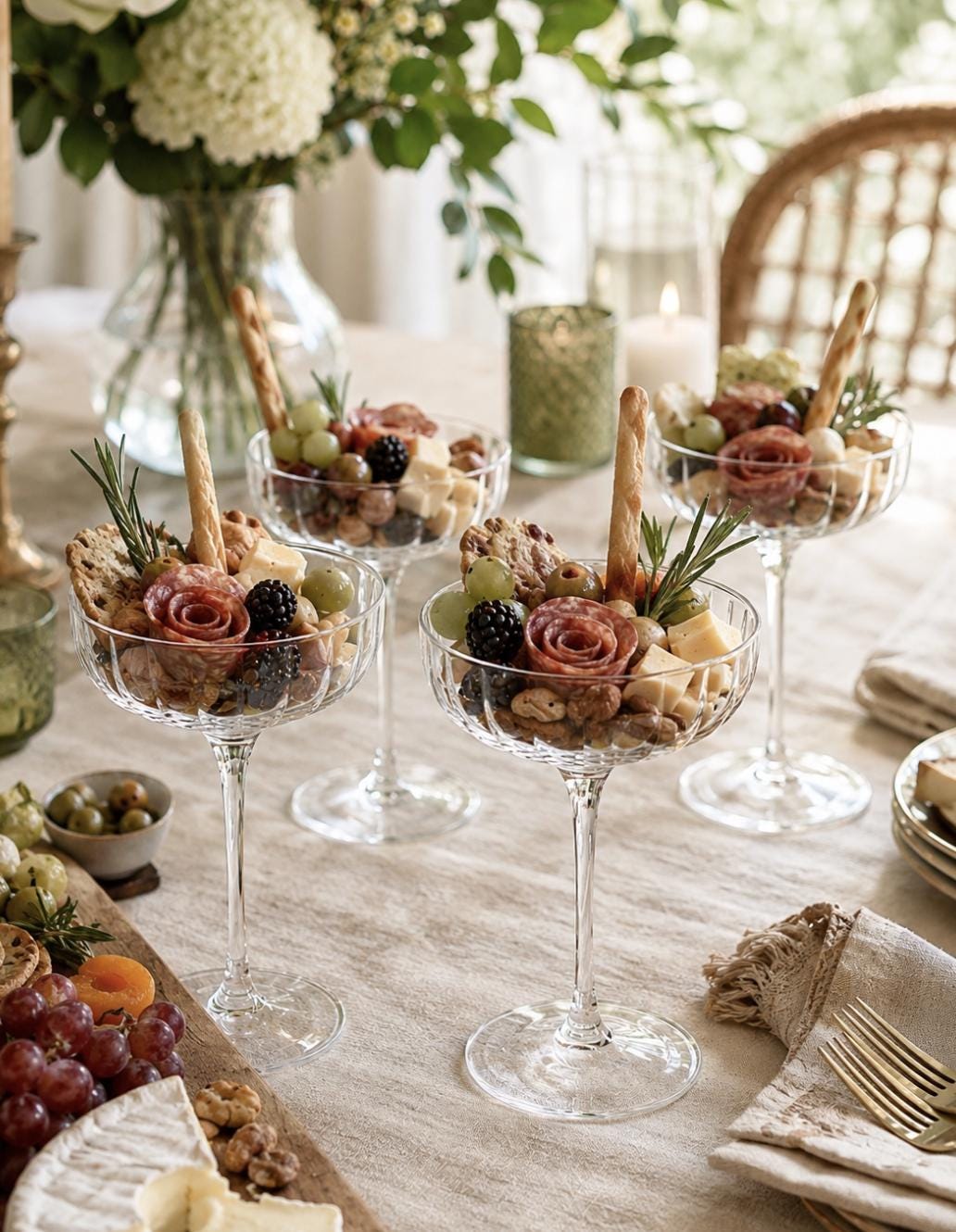 Charcuterie Coupe Glasses with Gold Pearl Toothpicks – Elegant Individual Appetizer Cups