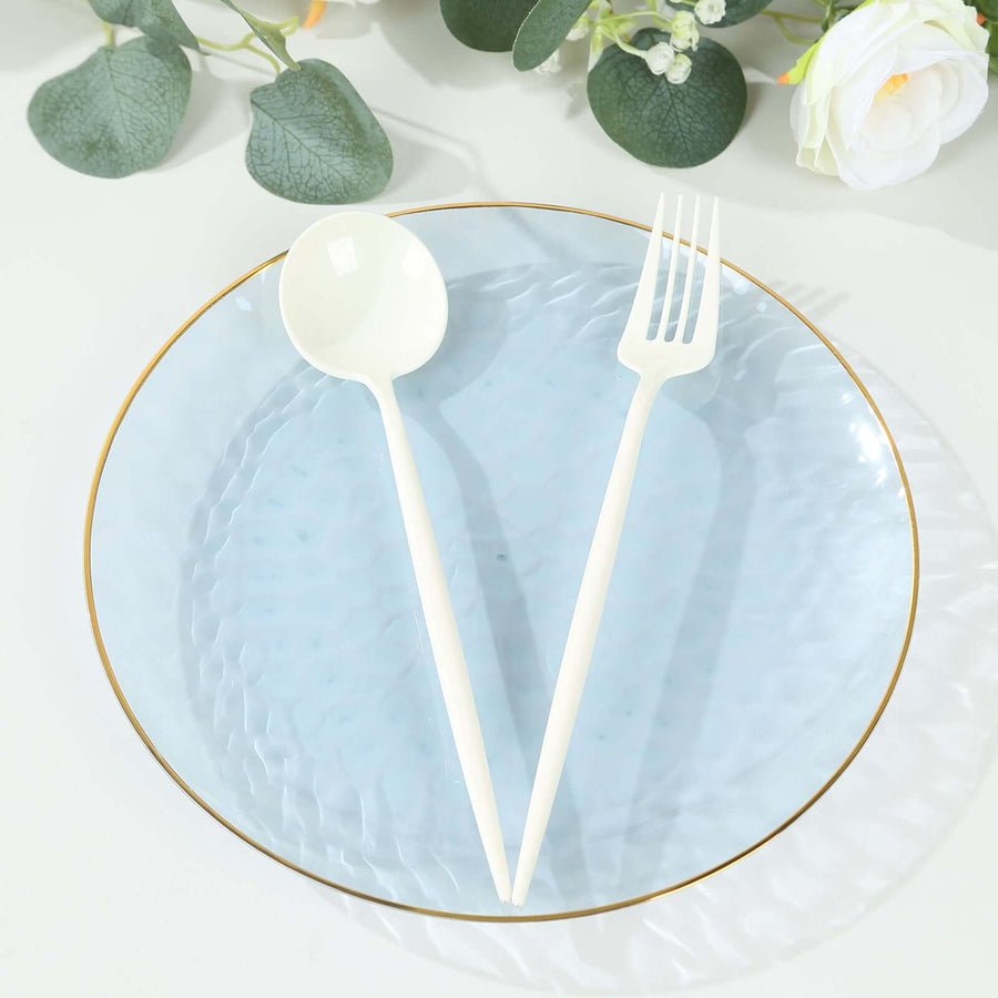 Clear plastic charger plate with beaded rim and gold inner lines. Premium disposable dinnerware.