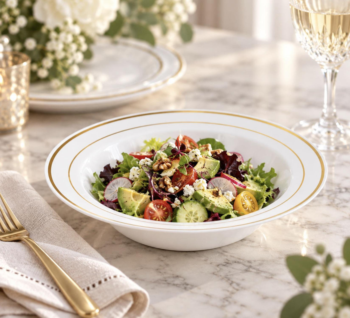 White plastic soup bowl with gold rim – elegant dinnerware for weddings and banquets