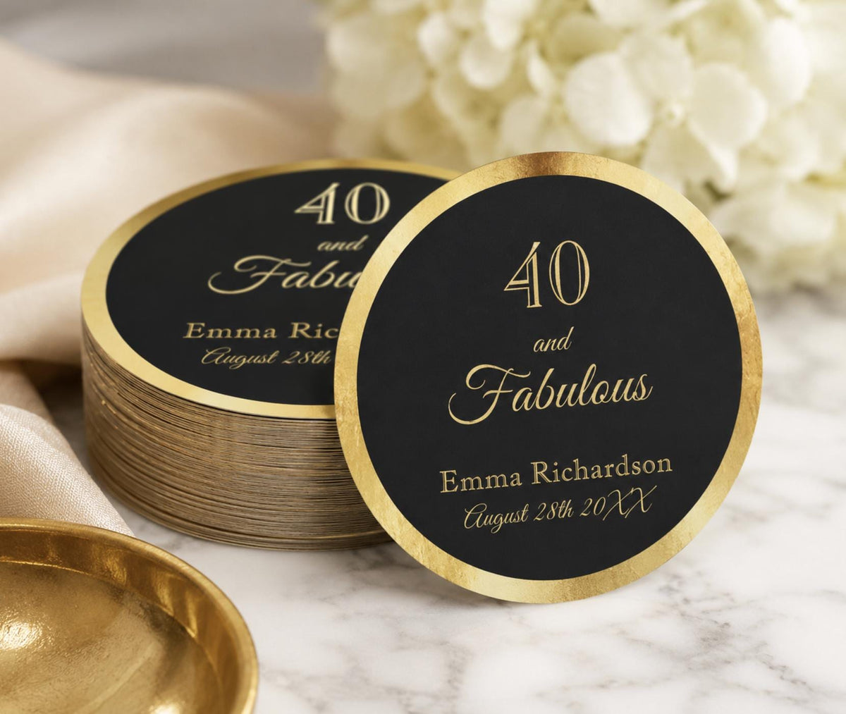 Custom Black & Gold Round Logo Stickers – Personalized Labels for Favors & Branding