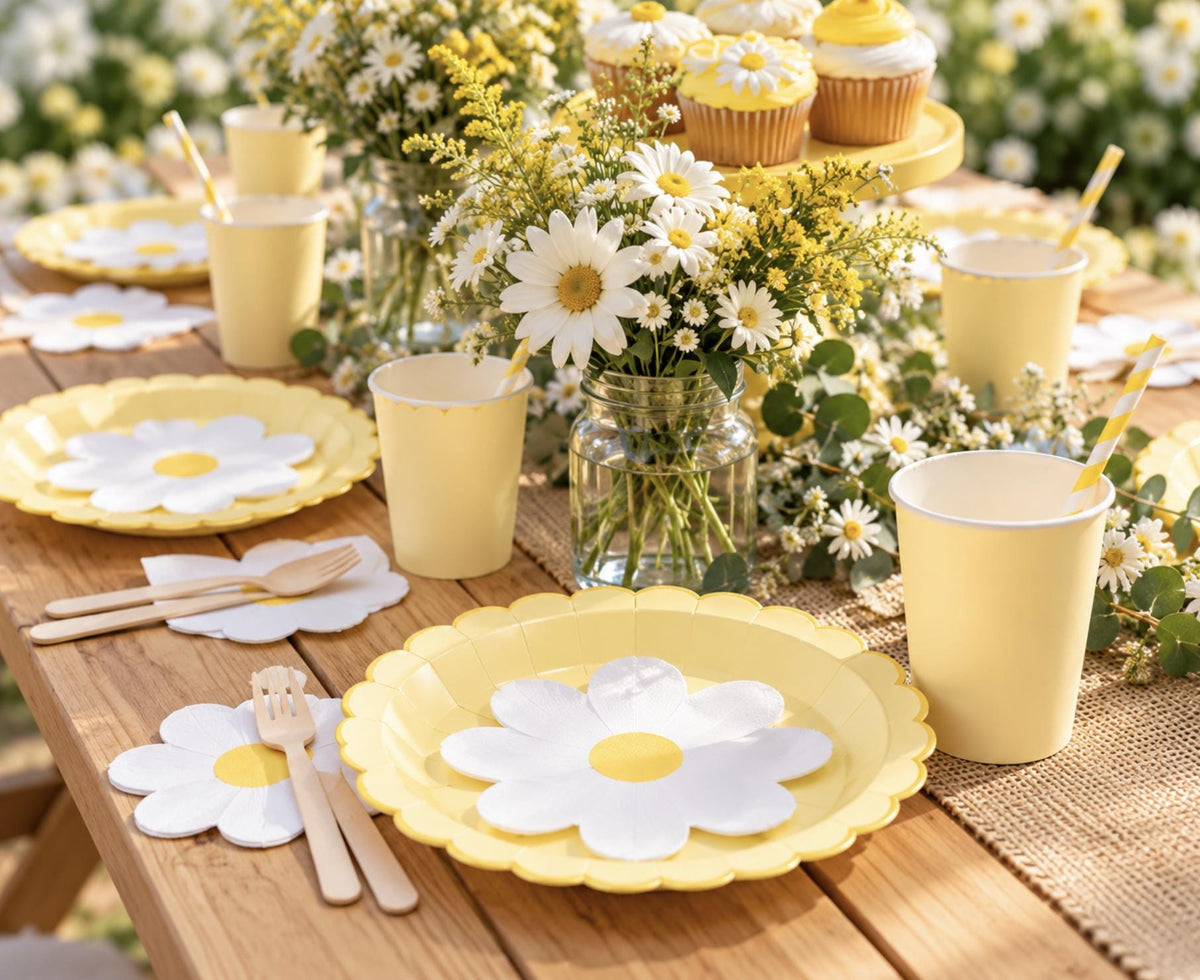 Daisy Party Tableware Set – Groovy Daisy Plates, Cups, Napkins & Cutlery for Kids Birthdays