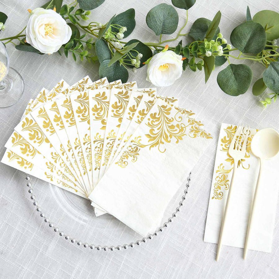20 - Pack Elegant Paper Dinner Napkins – Peony Flower Print with Gold Edge for Weddings & Events - Pretty Party Boxx