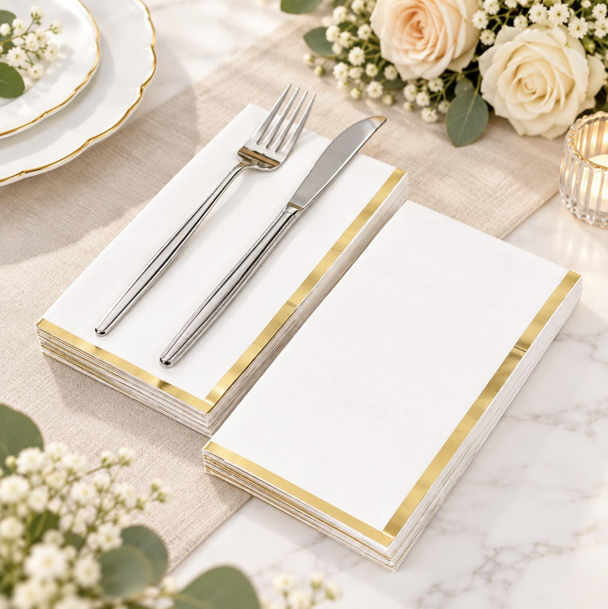 50 - Pack Party Napkins – Gold Foil Edge Disposable Cocktail Napkins - Pretty Party Boxx