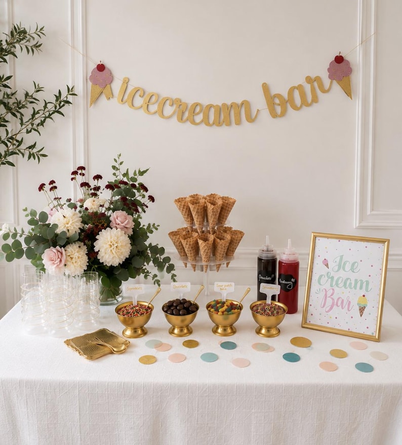 DIY ice cream bar party kit with cone stand, topping bowls, syrup bottles, banner and dessert table accessories