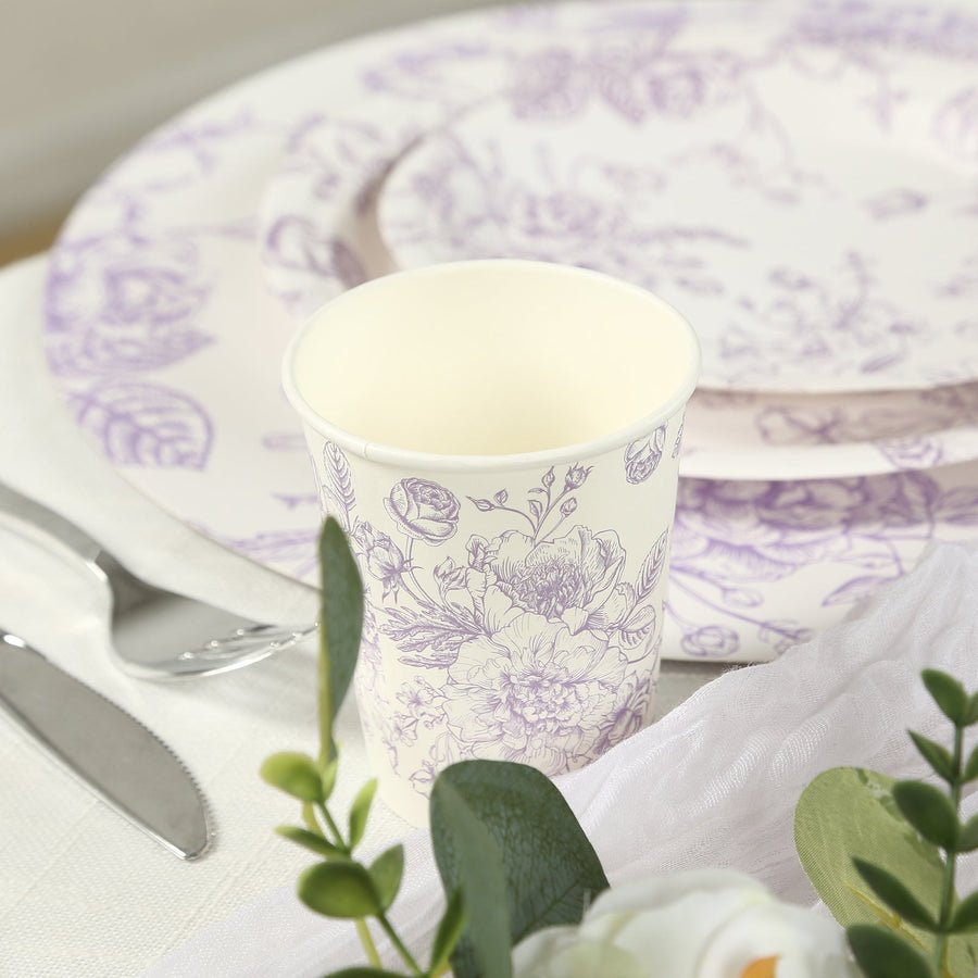 Lavender floral paper cup with matching plates – perfect for elegant event tables