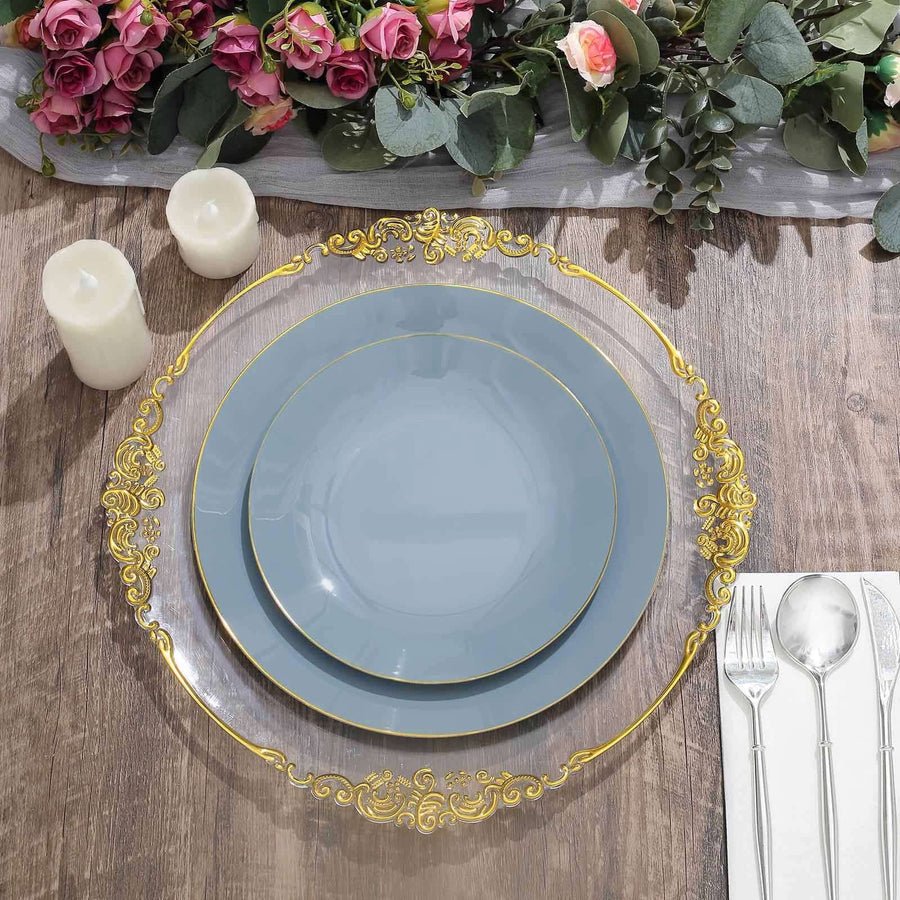 Clear plastic baroque charger plate with ornate gold rim, set with dusty rose plate. Luxury disposable tableware.