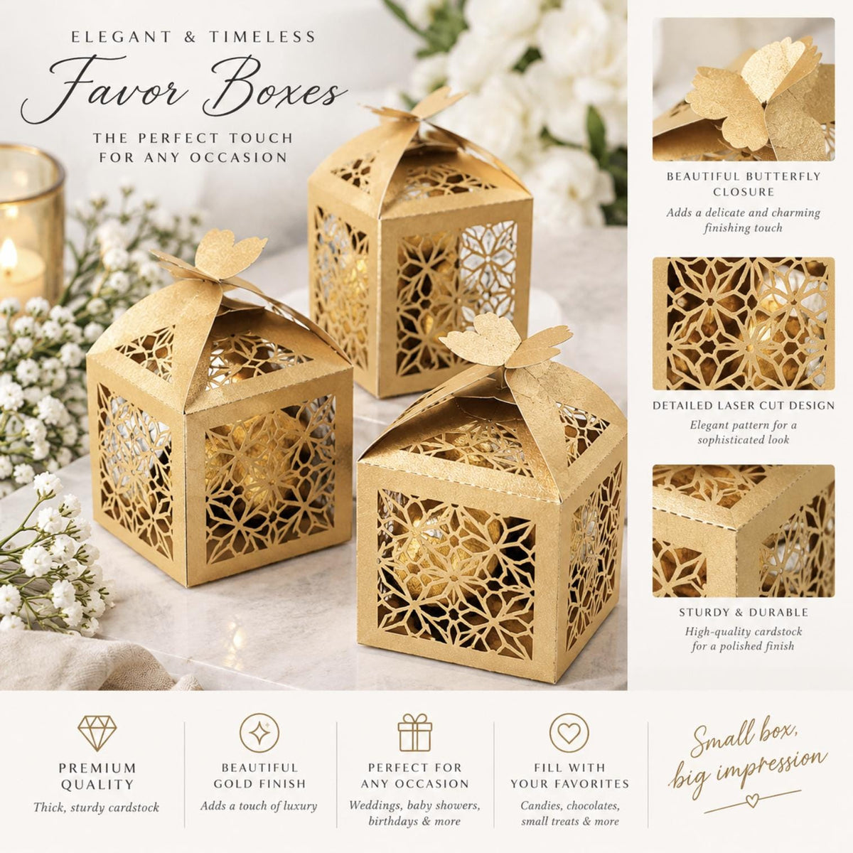 Black butterfly laser-cut favor box – elegant wedding candy gift box with floral design