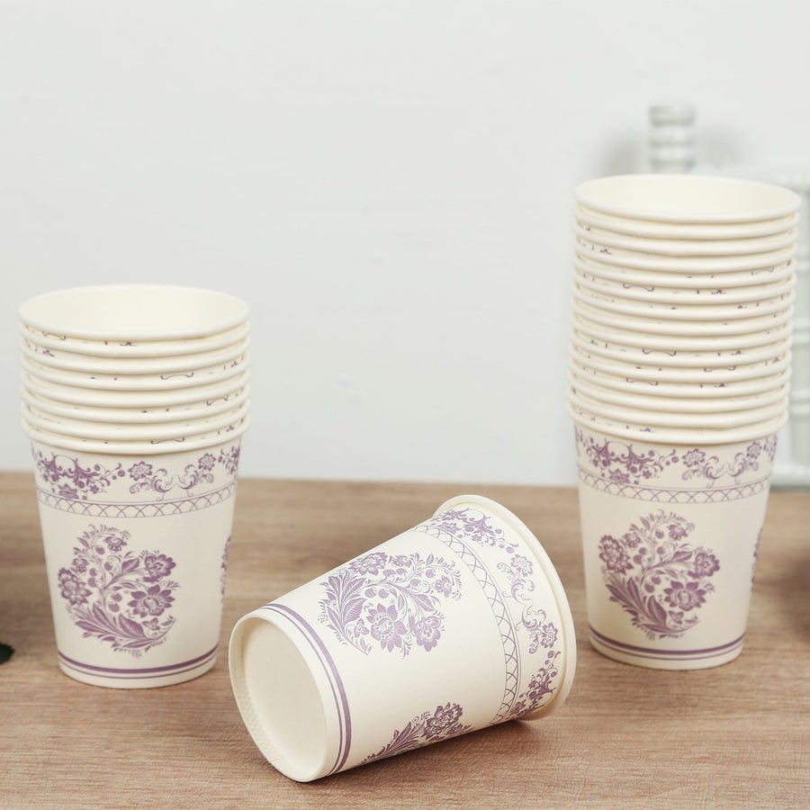 Purple floral paper cups set – stylish disposable cups for parties and gatherings