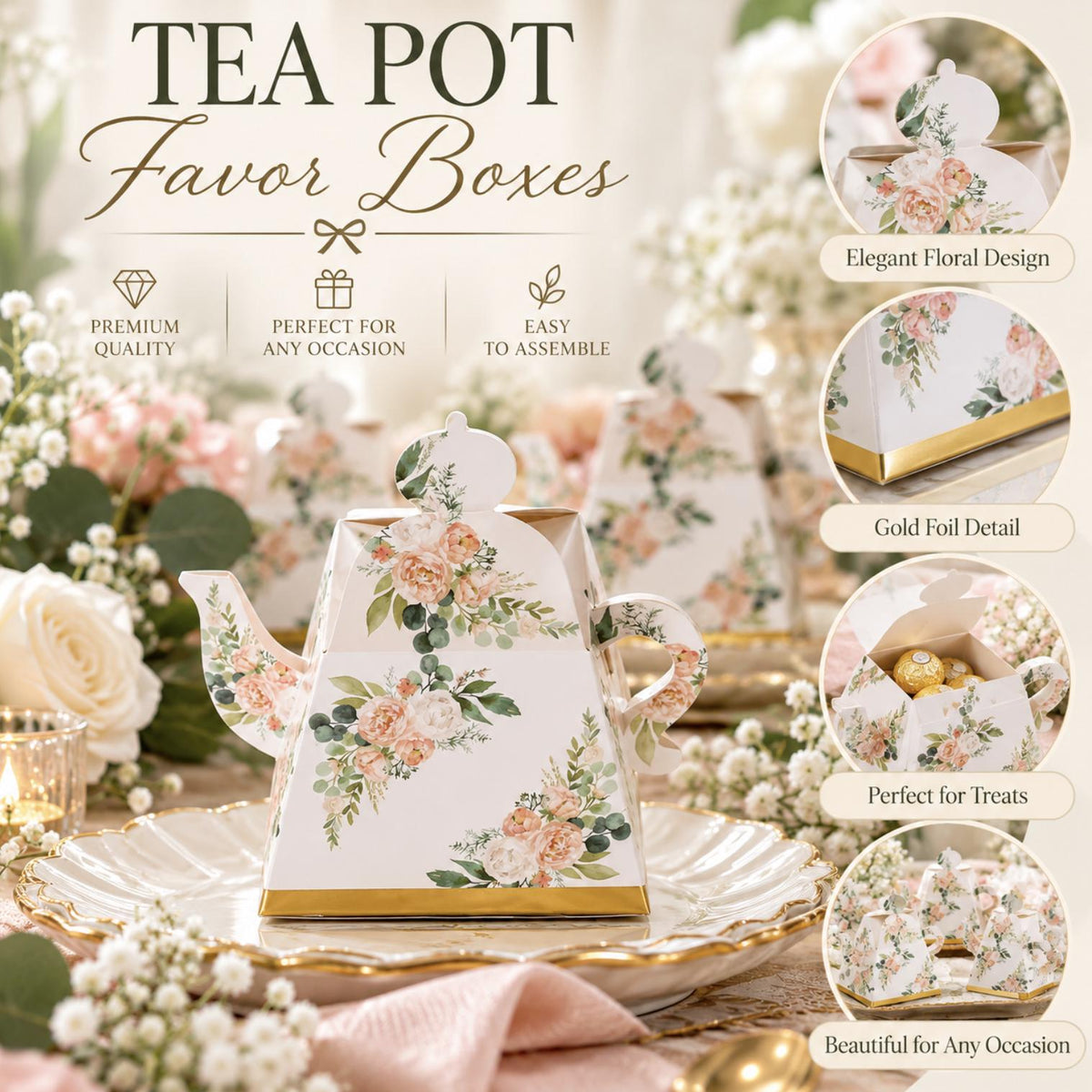 25 - Pack Mini Teapot Party Favor Boxes – Pink Peony Floral Gift Boxes for Weddings & Tea Parties - Pretty Party Boxx