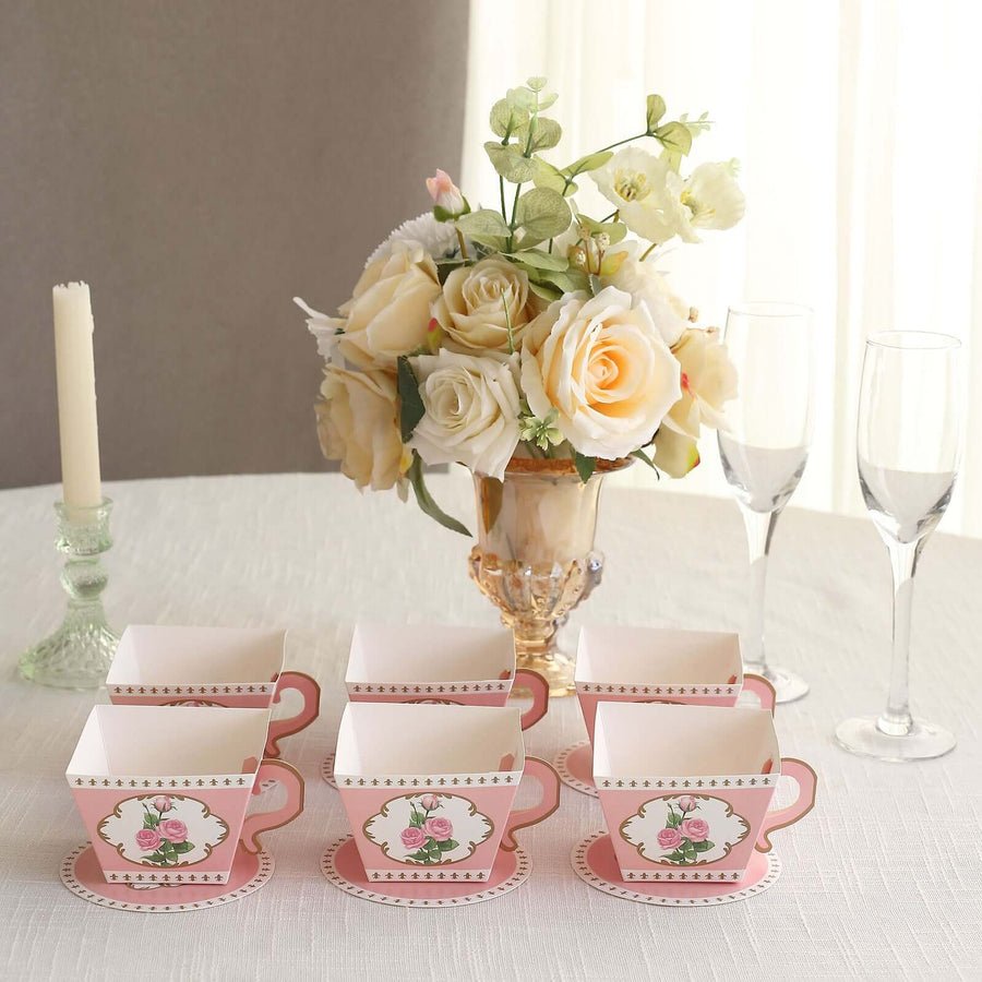25 Pack Mini Teacup and Saucer Party Favor Boxes with Rose Floral Print - Tea Time Candy Boxes - Pretty Party Boxx