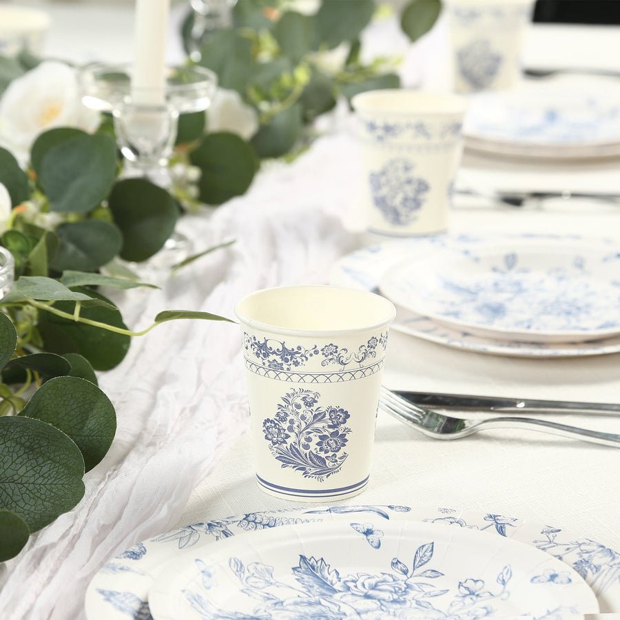 Blue floral paper cup with matching plates – perfect table setup for wedding events