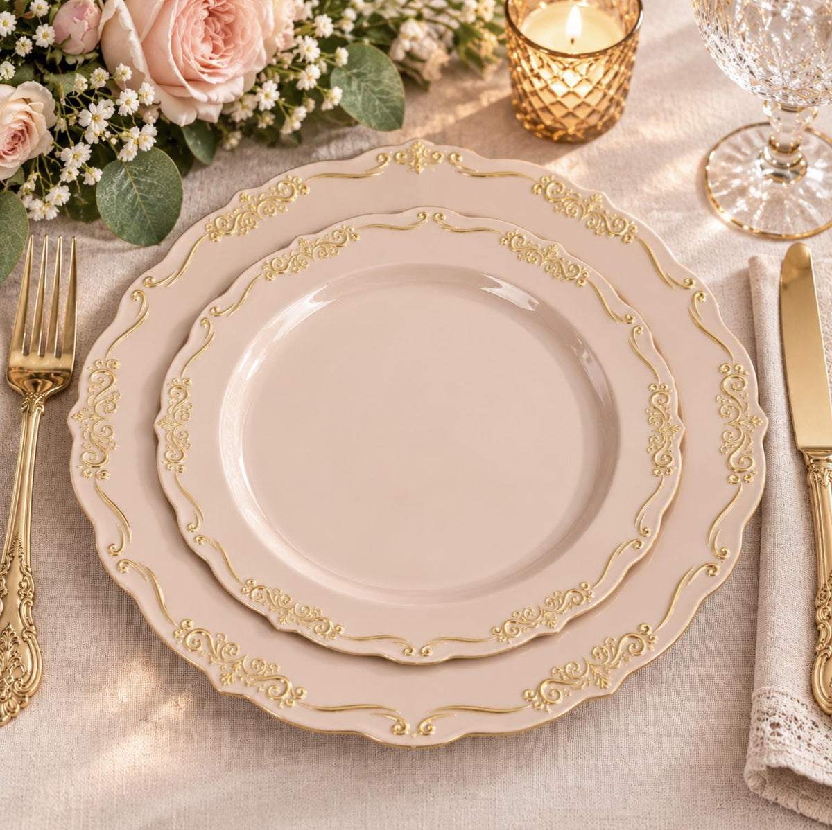 Clear plastic dinner plate with ornate gold baroque rim. Disposable elegant wedding tableware.