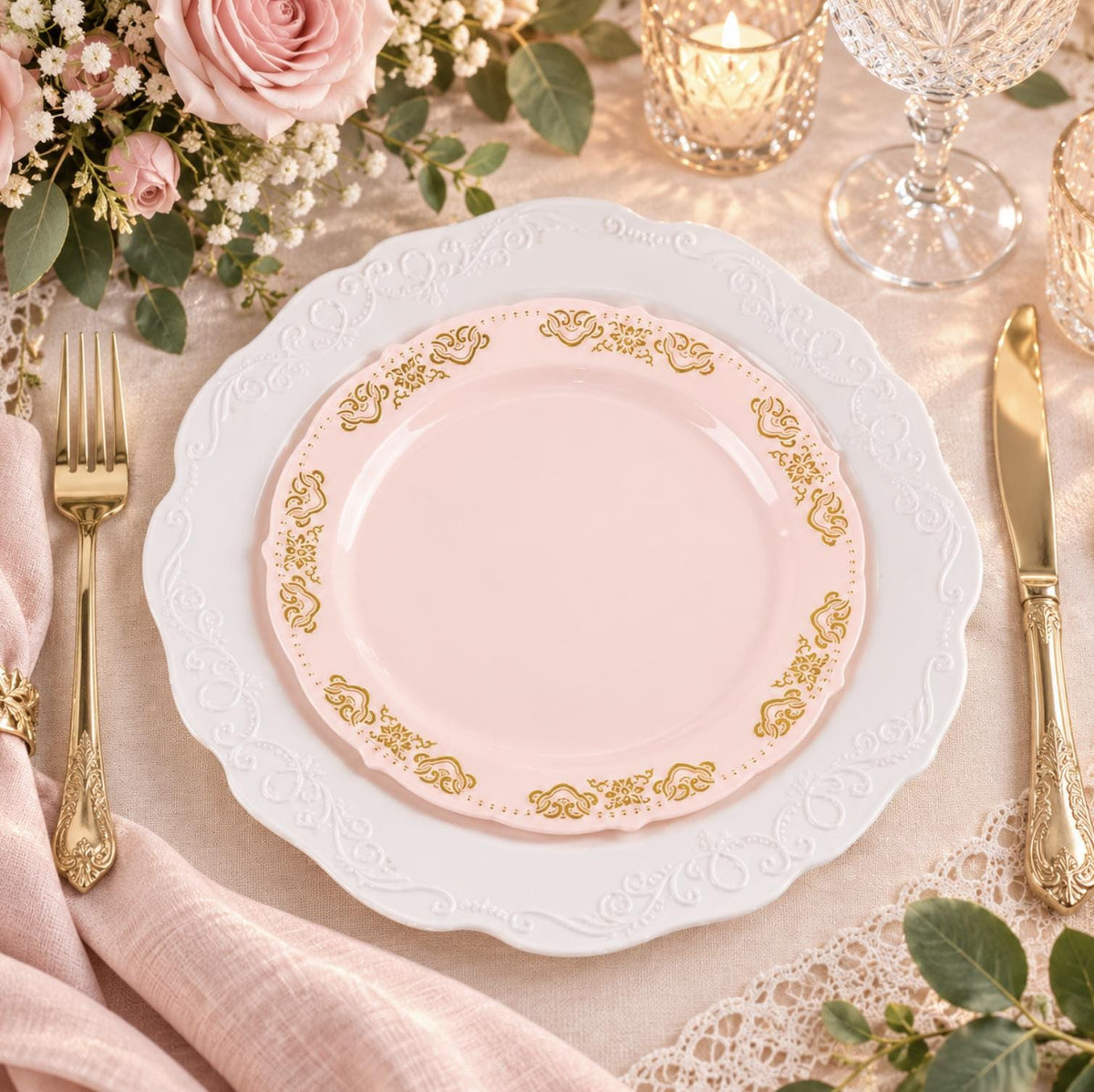 Clear disposable plastic wine cup with ornate gold rim. Luxury tableware for wedding reception.