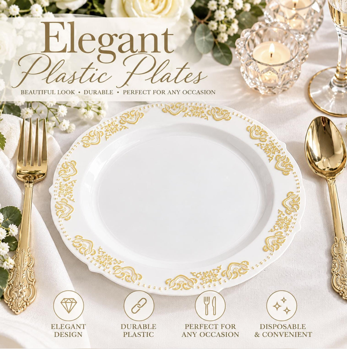 Embossed Scalloped Disposable Plates | 10-Pack Elegant Plastic Tableware