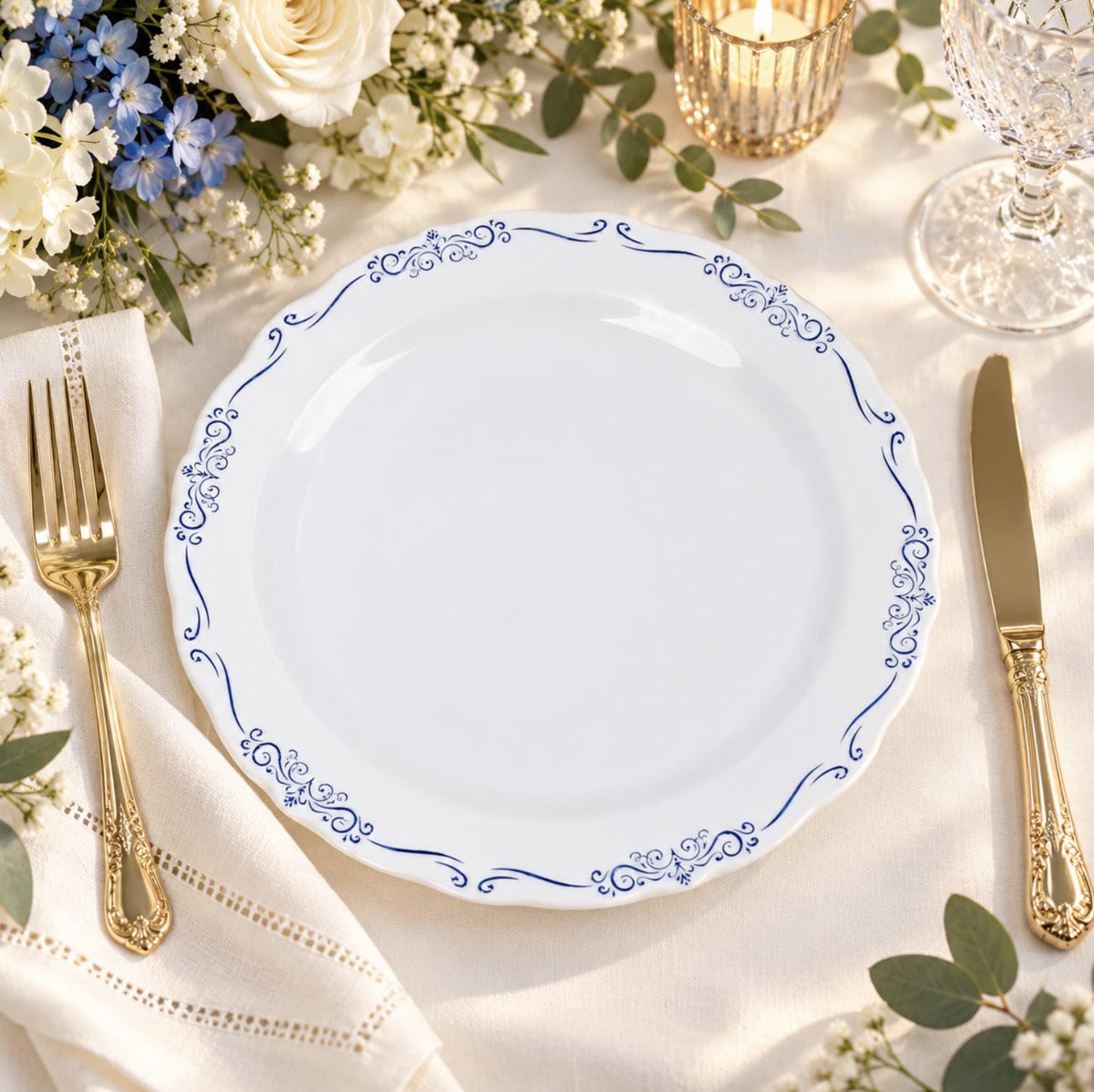 Clear disposable plastic wine cup with gold rim. Elegant drinkware for wedding or party use.