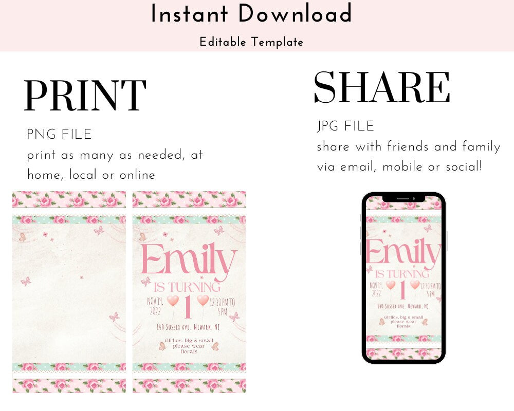 Floral Birthday Invitation – Printable Baby Birthday Template | Editable Canva Design Instant Download - Pretty Party Boxx