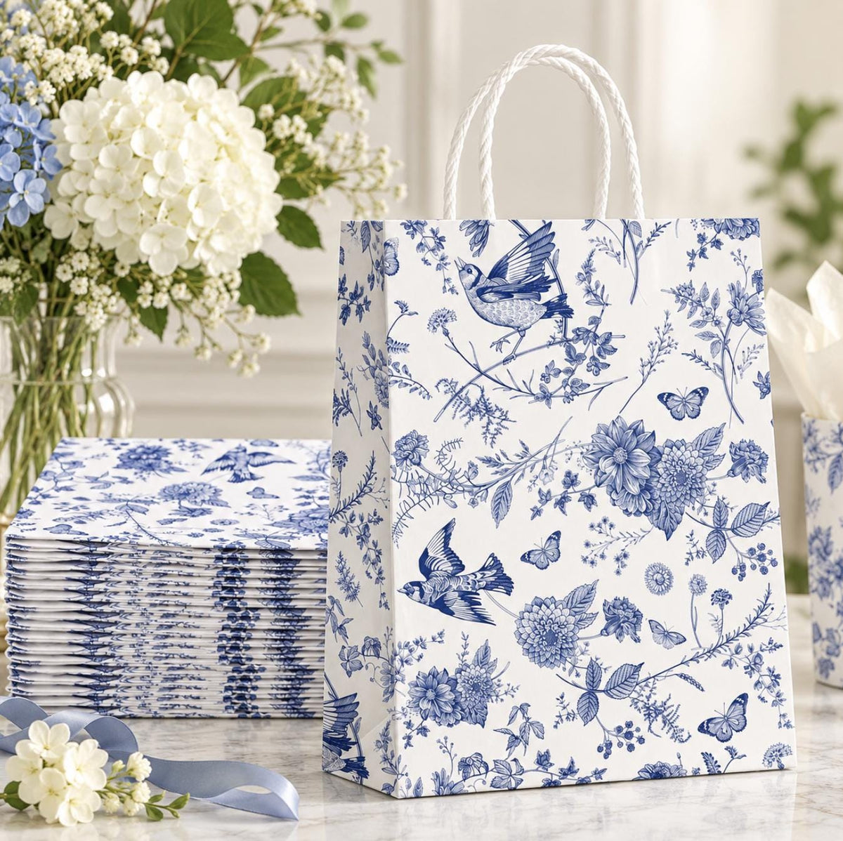 12 Pack French Toile Paper Gift Bags with Handles – Party Favor Goodie Bags - Pretty Party Boxx
