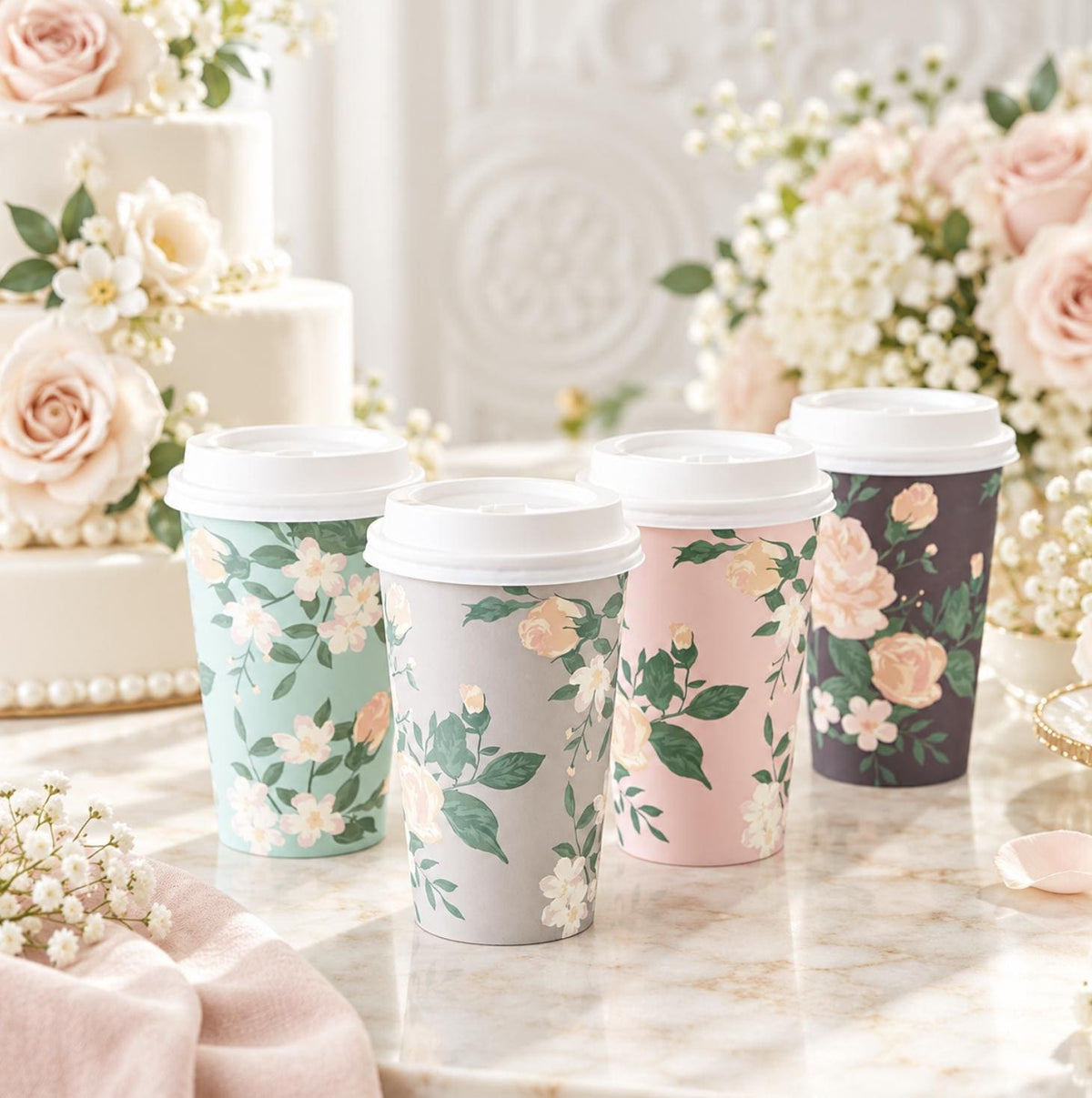 Floral Insulated Paper Coffee Cups with Lids – Garden Party Coffee Bar Cups for Showers