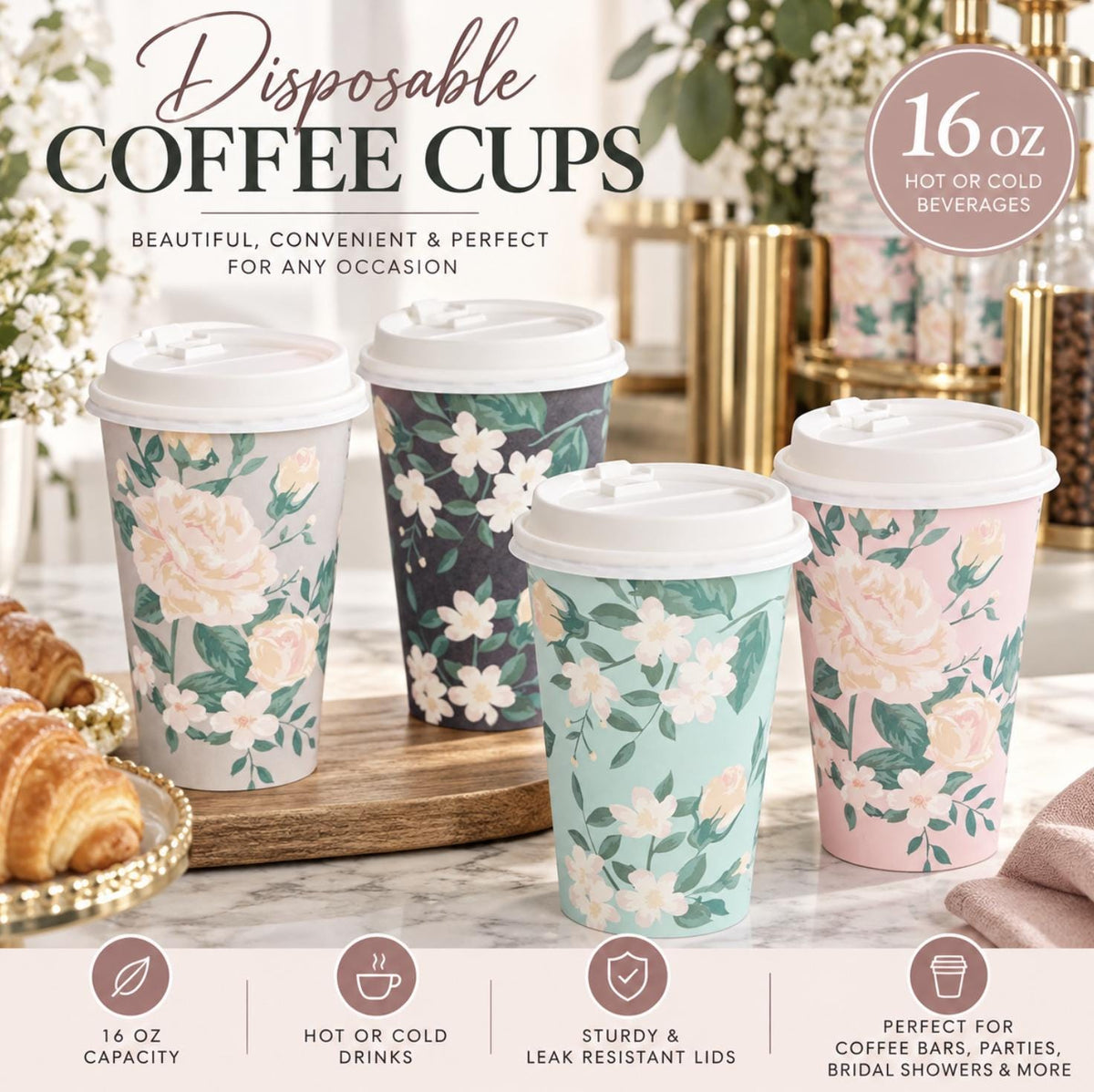 Floral Insulated Paper Coffee Cups with Lids – Garden Party Coffee Bar Cups for Showers